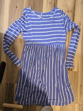 Girls' Blue and White Striped Long-Sleeve Casual Dress